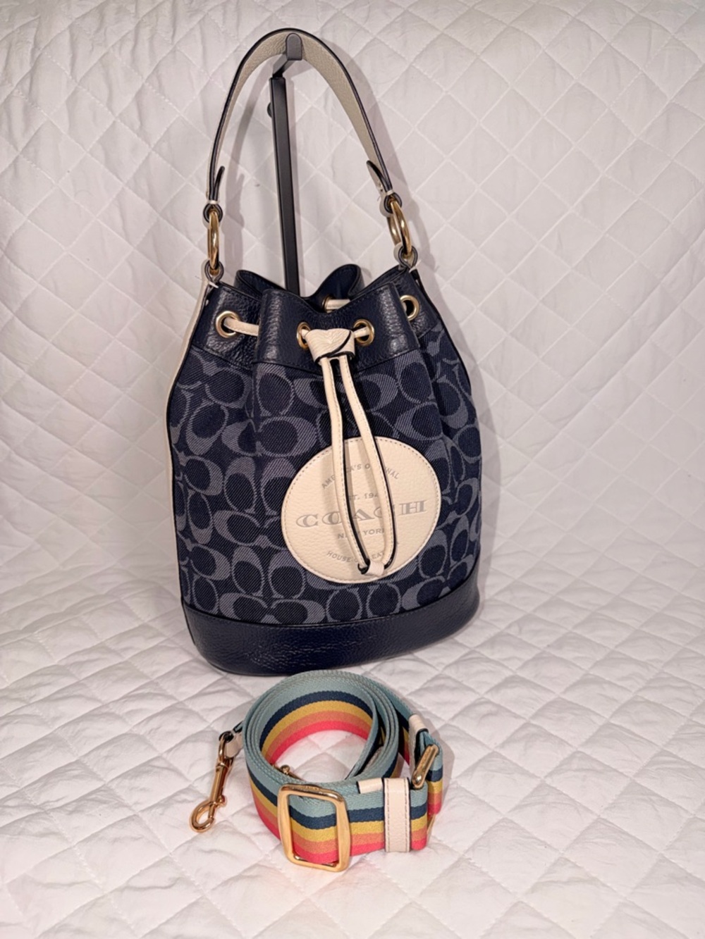 Coach Dempsey Bucket & Drawstring Blue Leather - Picture 9 of 13
